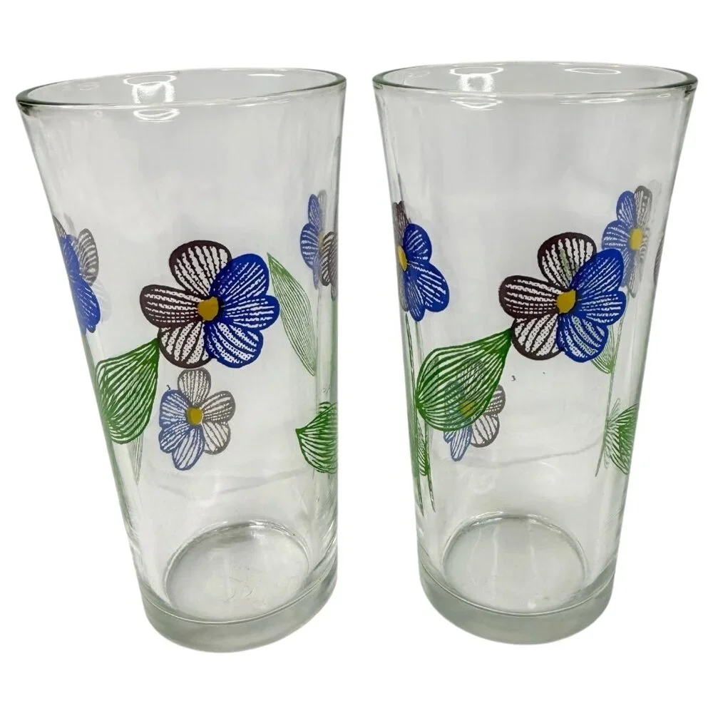 Set Of 2 Floral Glass Tumblers Blue & Purple Flowers Beverage Drinking MCM Clear